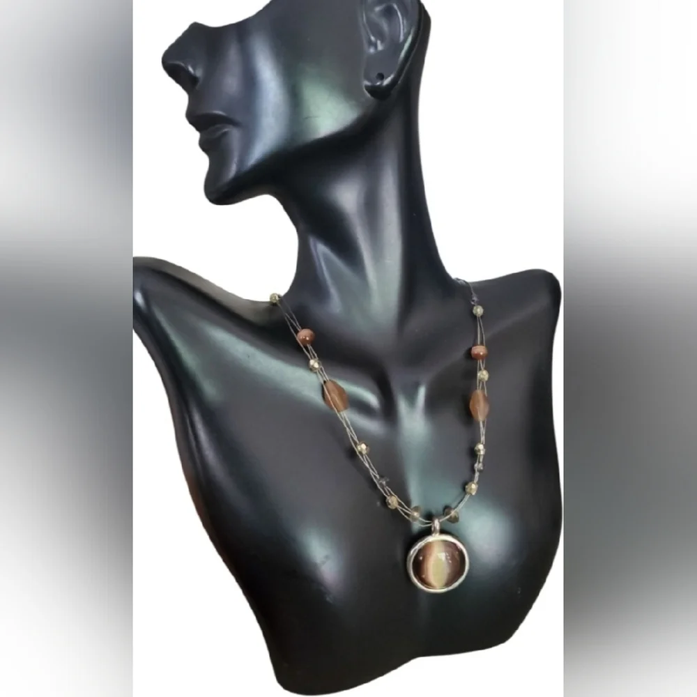 NY Tiger's Eye Stone Pendant 3 Strand Beaded Necklace
